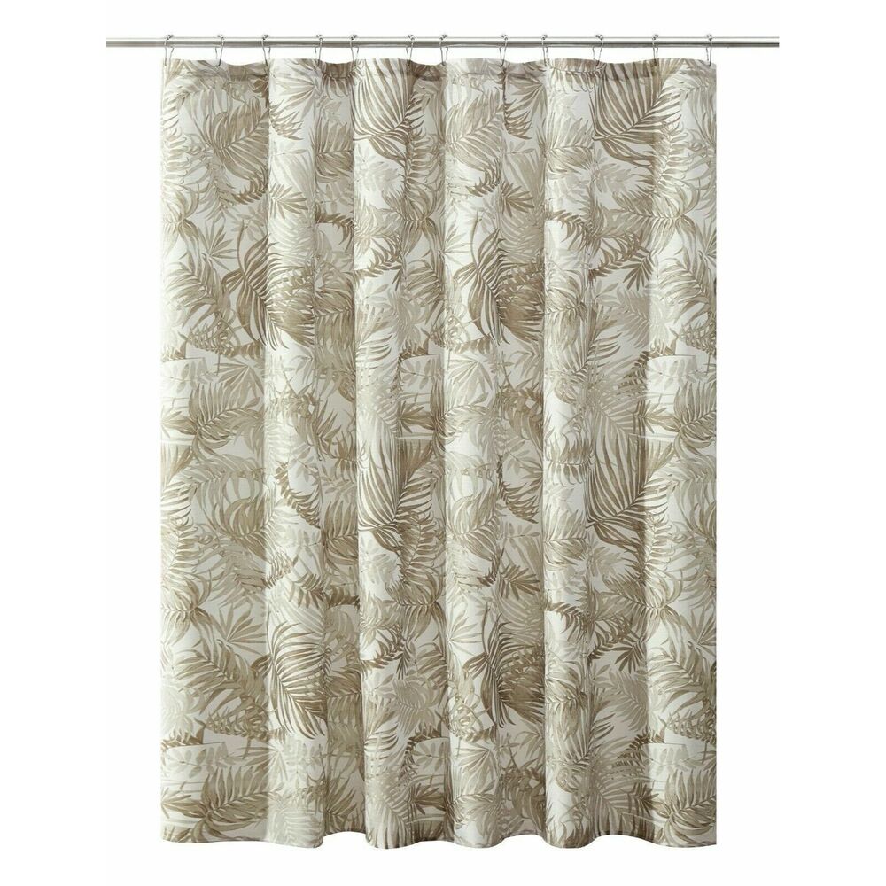 Tropical Palm Leaf Shower Curtain Brown Taupe White Ribbed Fabric 72-in sq. NEW